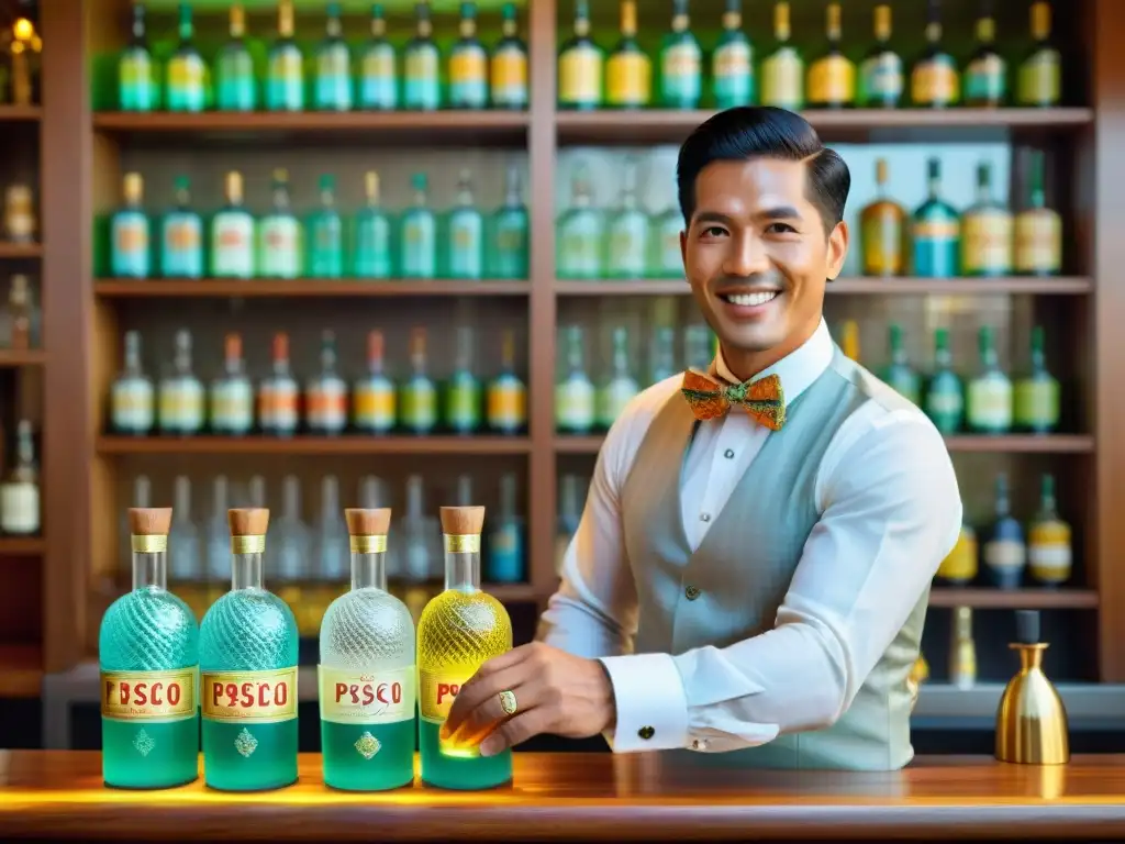 Un bar tradicional peruano con un hábil bartender preparando un Chilcano de Pisco, rodeado de coloridas tapices y botellas de Pisco