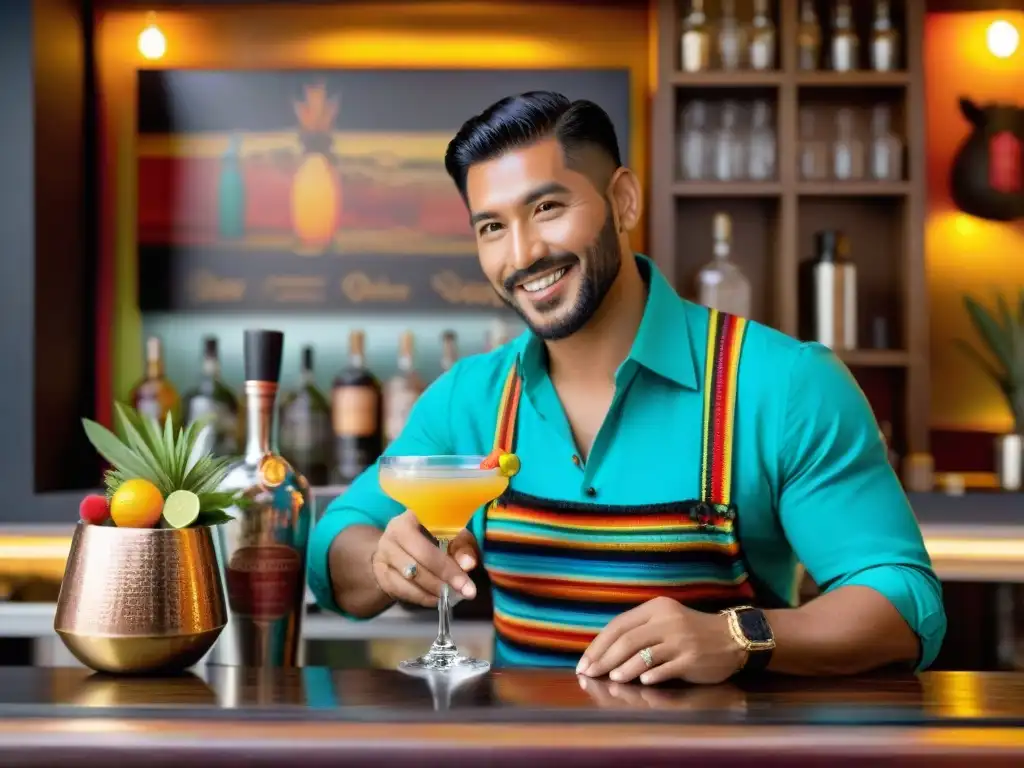 Un bar vibrante en Perú con cocteles peruanos con twist, mixólogos expertos y clientes disfrutando las innovadoras bebidas