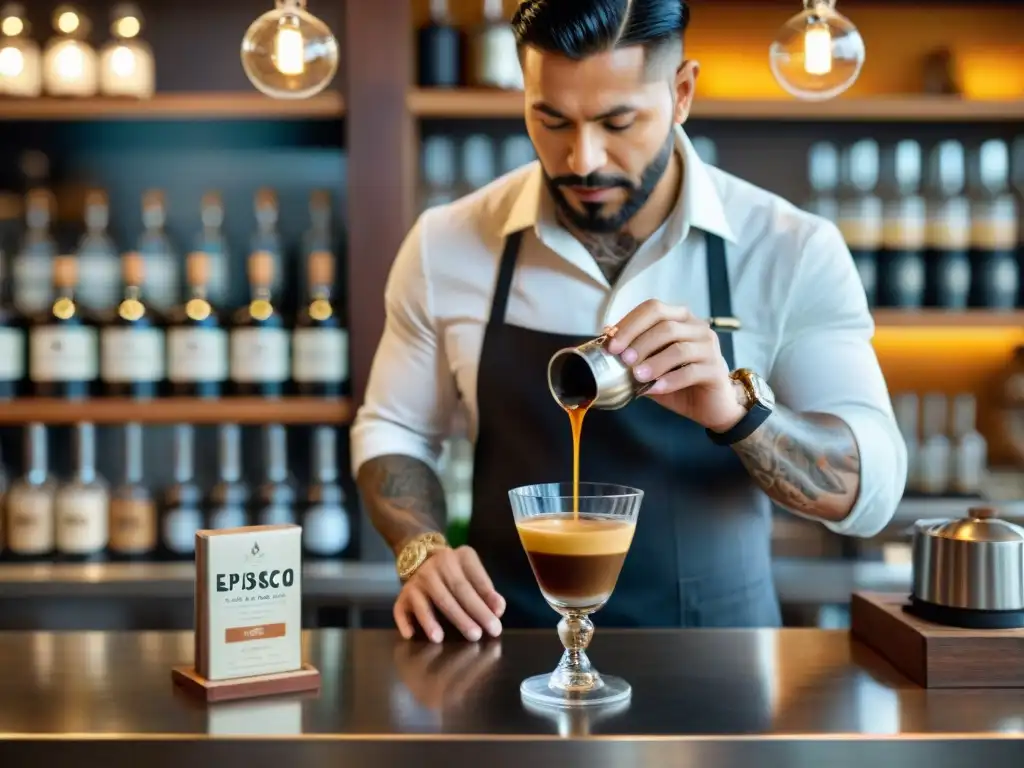 Un barista vierte espresso en pisco, fusionando sabores