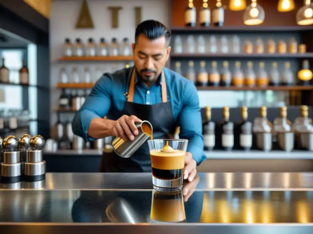 Un barista experto vierte espresso en pisco dorado, creando una combinación gastronómica única