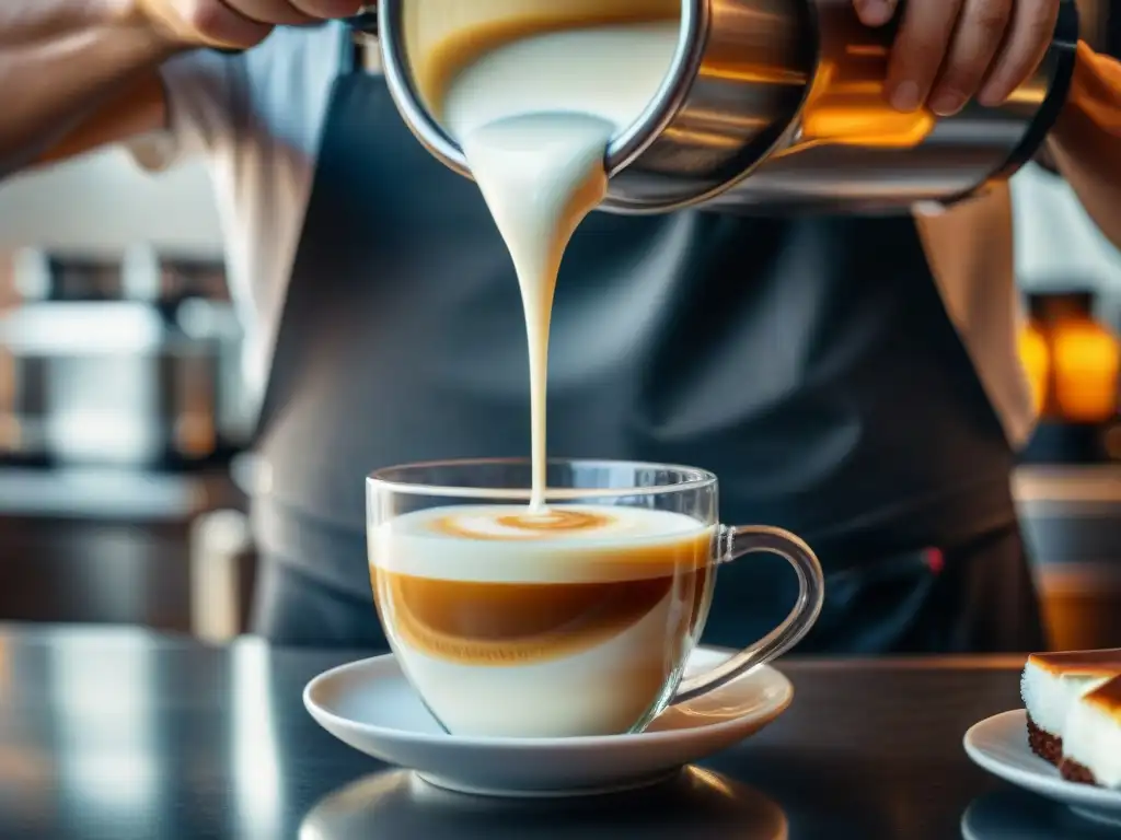 Un barista vierte leche sobre un café peruano en cocina fusión, creando un remolino de colores en una taza de vidrio