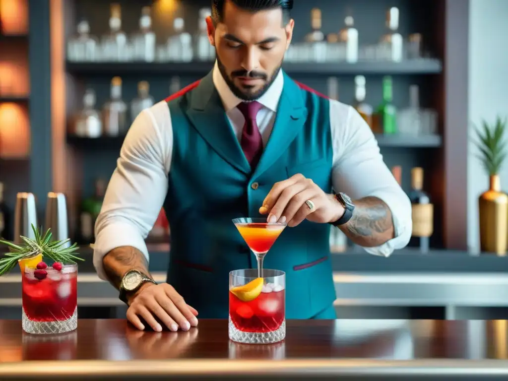 Un barman prepara un cóctel de molle rojo con detalle y elegancia