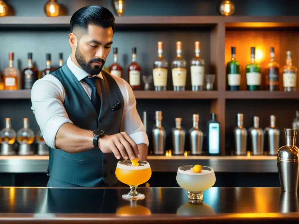 Un barman prepara cocteles con pisco para signos en un elegante bar, con destreza y elegancia