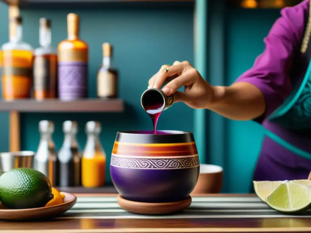 Un barman experto vierte chicha morada púrpura en una taza de cerámica peruana, en una presentación de bebidas peruanas creativas