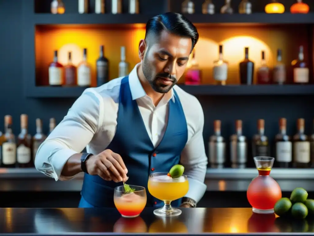 Un barman experto crea un cóctel de pisco en un bar moderno y elegante