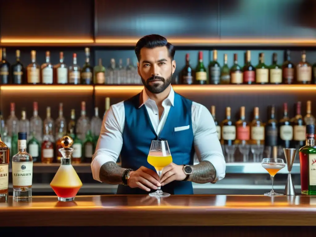 Un barman experto creando cócteles innovadores con pisco, reflejando las nuevas tendencias en mixología