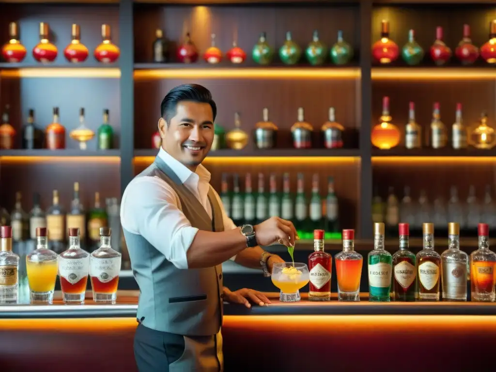 Un barman experto preparando cócteles peruanos con ají y pisco en un ambiente sofisticado y artístico