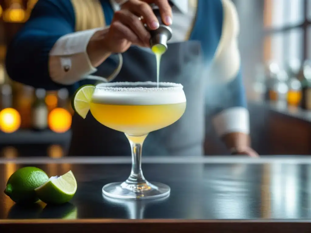 Un barman experto adorna un Pisco Sour con precisión, destacando el arte de las Recetas Pisco Sour autóctonas innovadoras