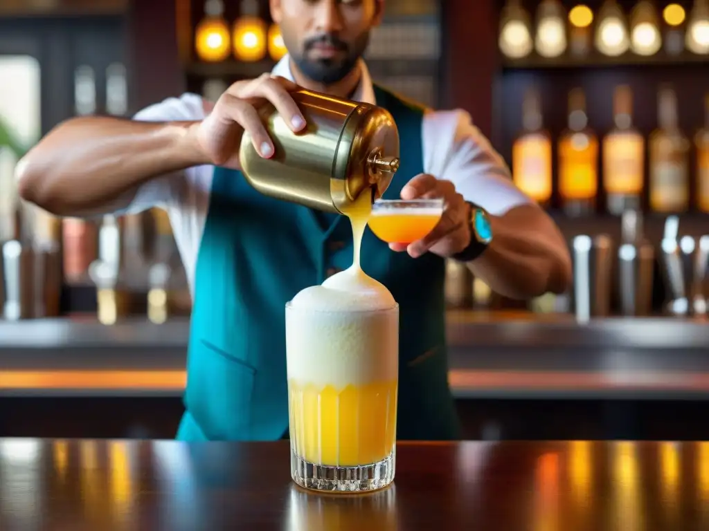 Un barman experto sirviendo un pisco sour dorado en un vaso, capturando la esencia del arte del cóctel