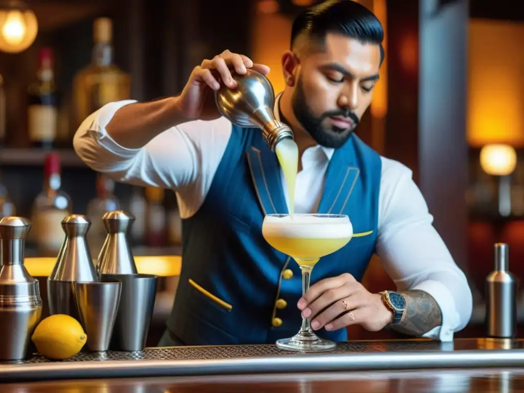 Un barman experto sirviendo un pisco sour espumoso en un vaso helado, en un bar histórico de Perú