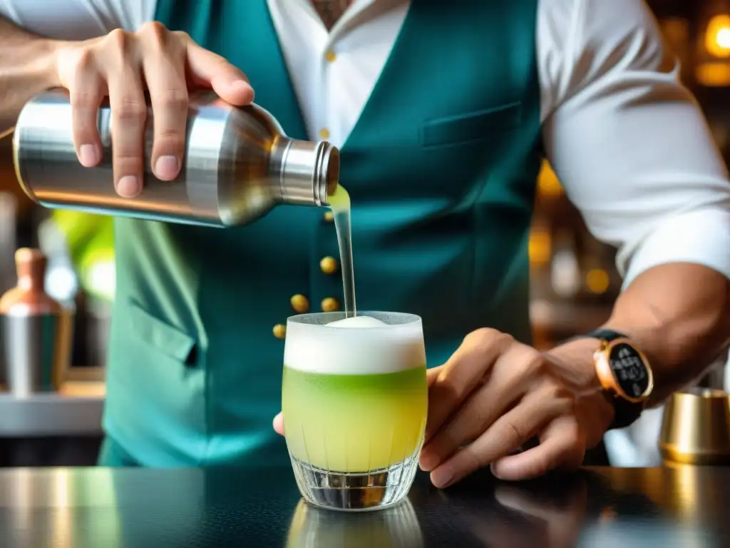 Un barman experto prepara un Pisco Sour con técnica moderna, destacando la precisión y elegancia en cada paso