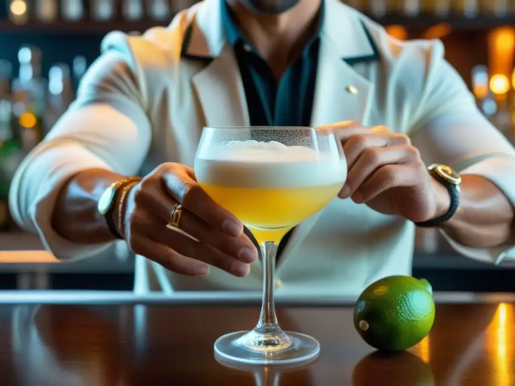 Un barman experto prepara con precisión el secreto del pisco sour, con ingredientes brillantes y herramientas de bar meticulosamente dispuestas