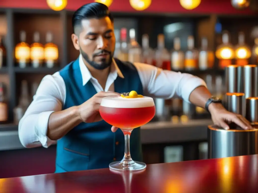 Un barman experto prepara un vibrante pisco sour con ají en un bar peruano trendy