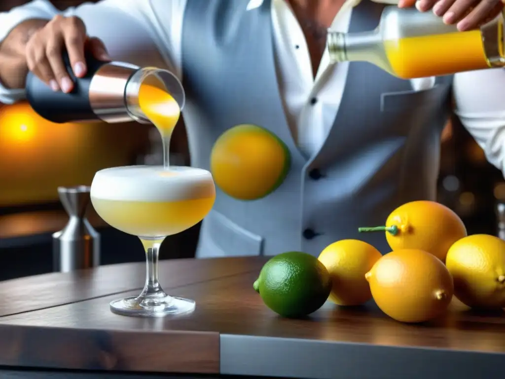 Un barman experto preparando un vibrante pisco sour en copa, mostrando coctelería avanzada con Pisco Peruano