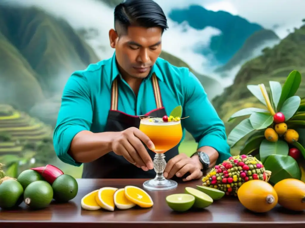 Un barman peruano preparando una bebida con frutas amazónicas, rodeado de vegetación exuberante y arte indígena