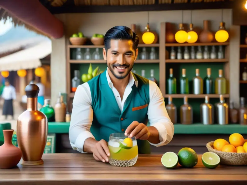 Un barman peruano preparando un Chilcano en un mercado vibrante, rodeado de frutas exóticas y alfarería tradicional