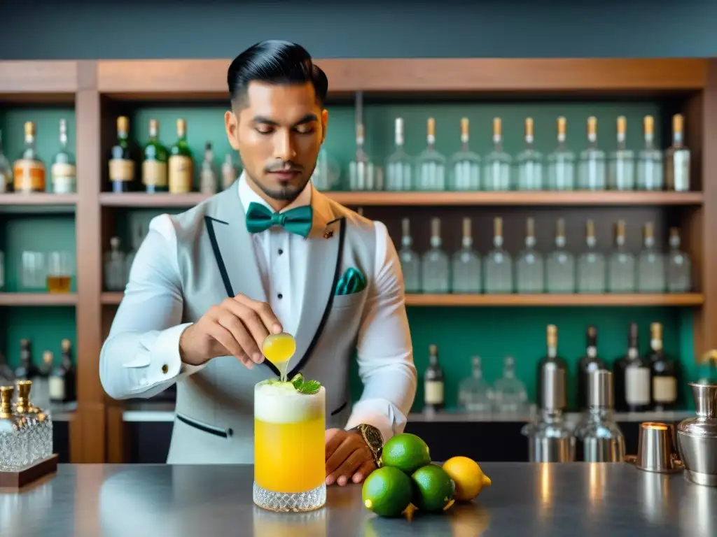 Un barman peruano innova cocteles pisco, vertiendo un pisco sour amarillo vibrante en una copa de cristal