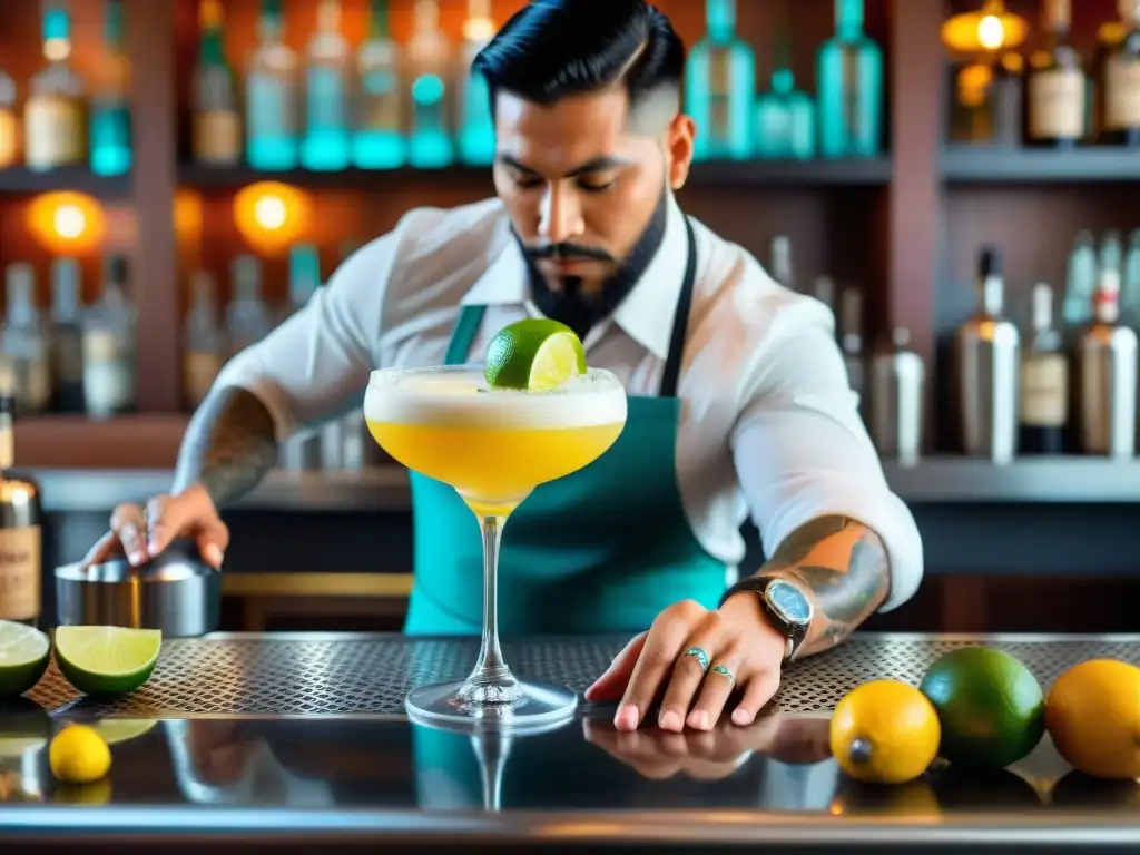 Un barman peruano innova cocteles pisco, vertiendo un vibrante pisco sour amarillo en vaso frío