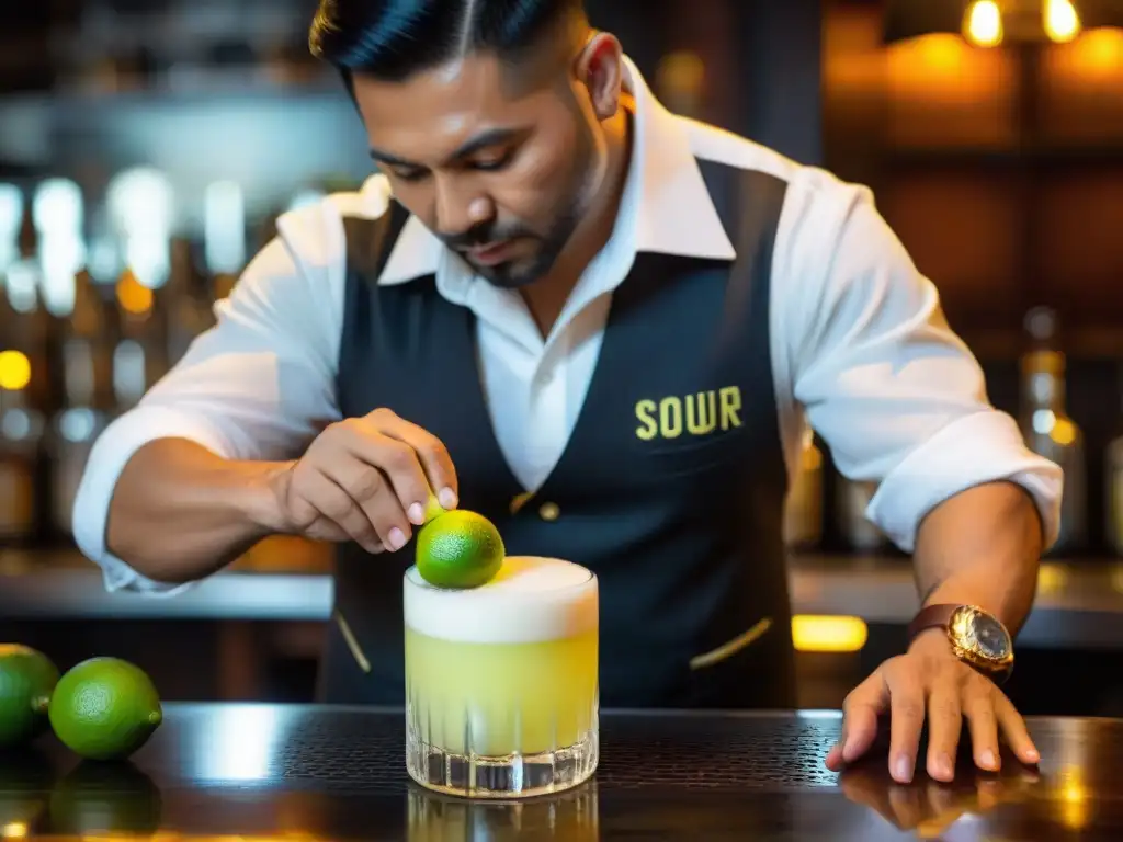 Un barman peruano experto preparando un auténtico Pisco Sour con destreza en un bar rústico