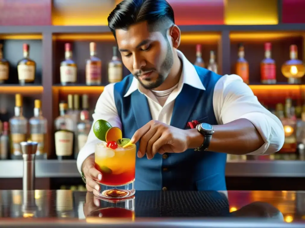 Un barman peruano experto preparando cócteles peruanos con ají y pisco en un ambiente auténtico y vibrante