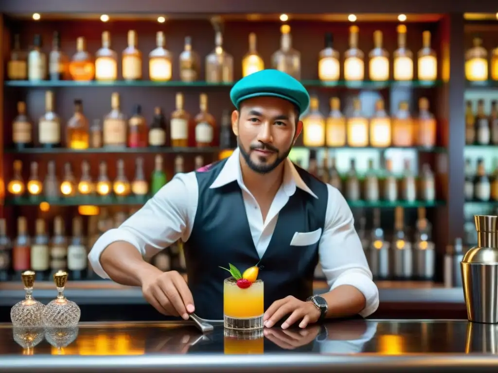 Un barman peruano prepara un Pisco Sour en un elegante bar, rodeado de frutas y hierbas