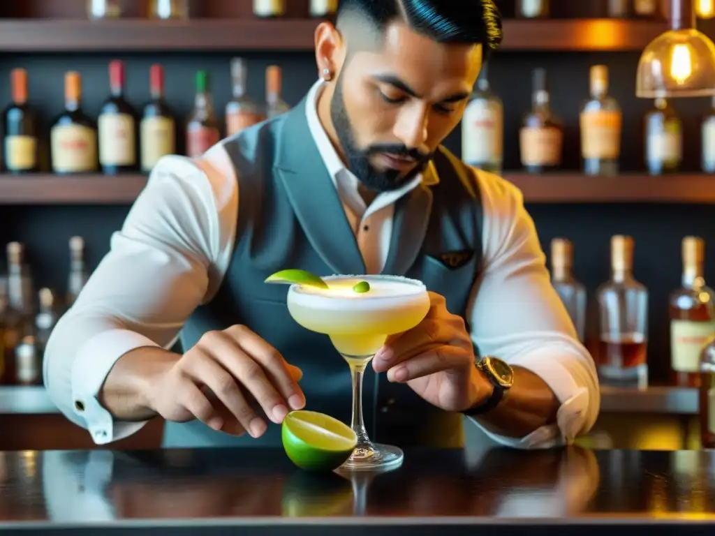 Un barman peruano prepara un Pisco Sour con detalle, rodeado de ambiente auténtico y mistura de Pisco