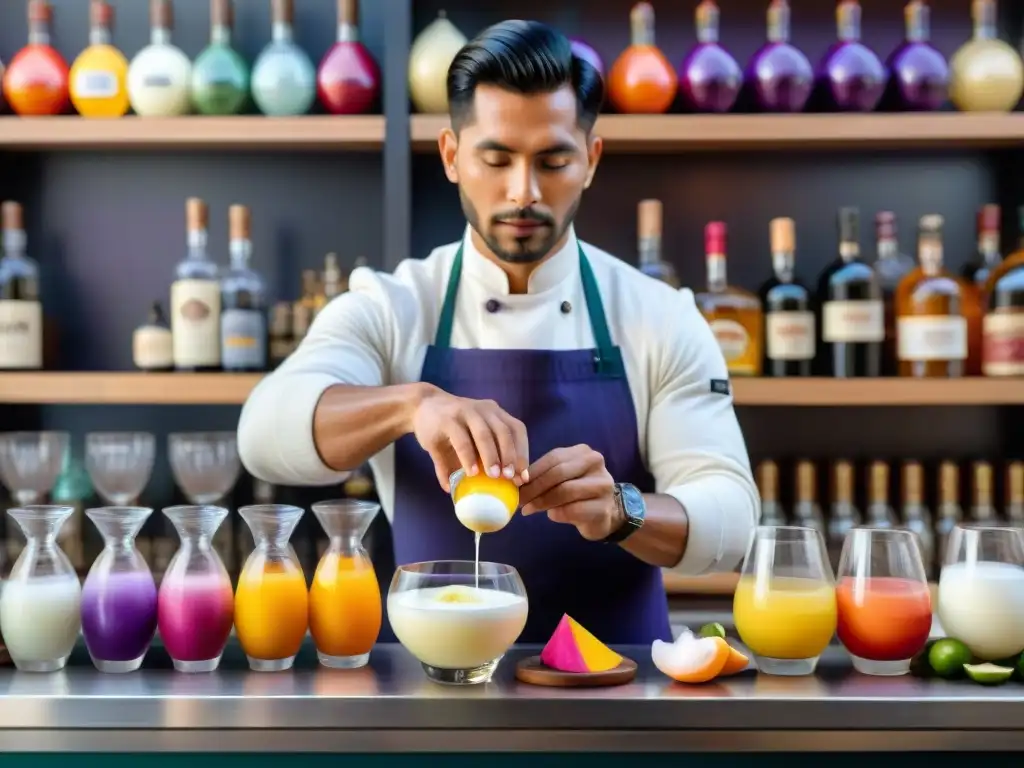 Un barman peruano preparando un Pisco Sour con ingredientes locales en un mercado de Lima