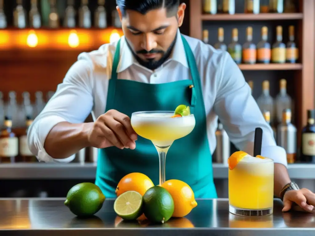 Un barman peruano preparando un Pisco Sour, con botellas y frutas coloridas