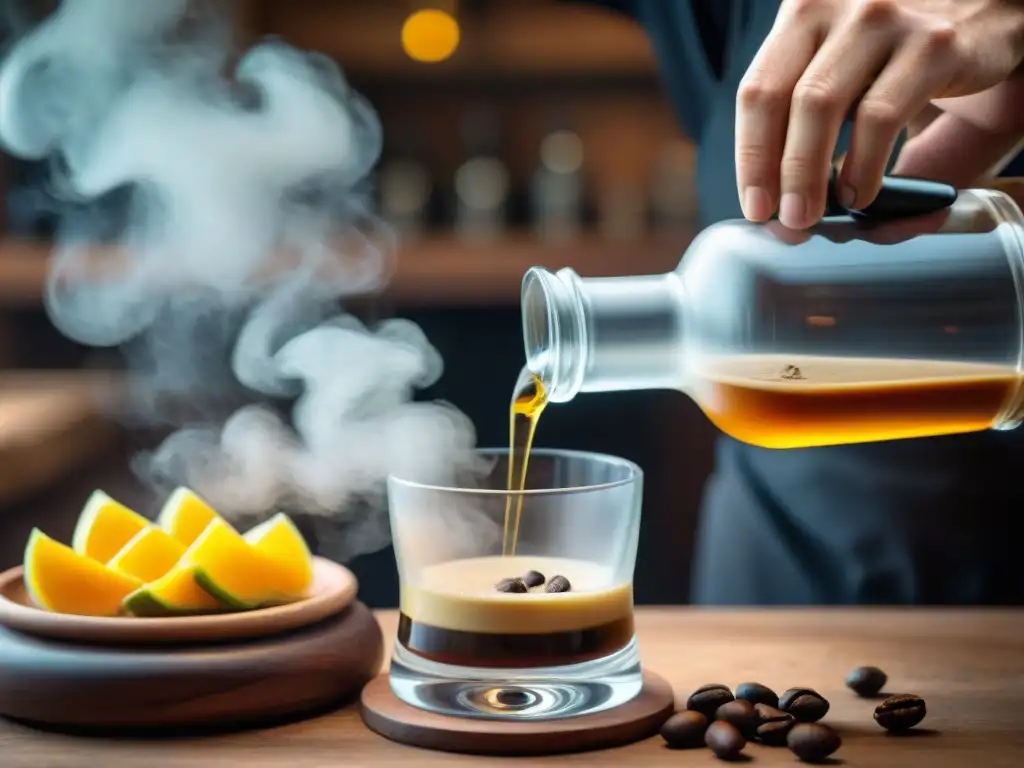 Un barman peruano vierte pisco en un vaso mientras se muelen granos de café para crear combinaciones gastronómicas con pisco