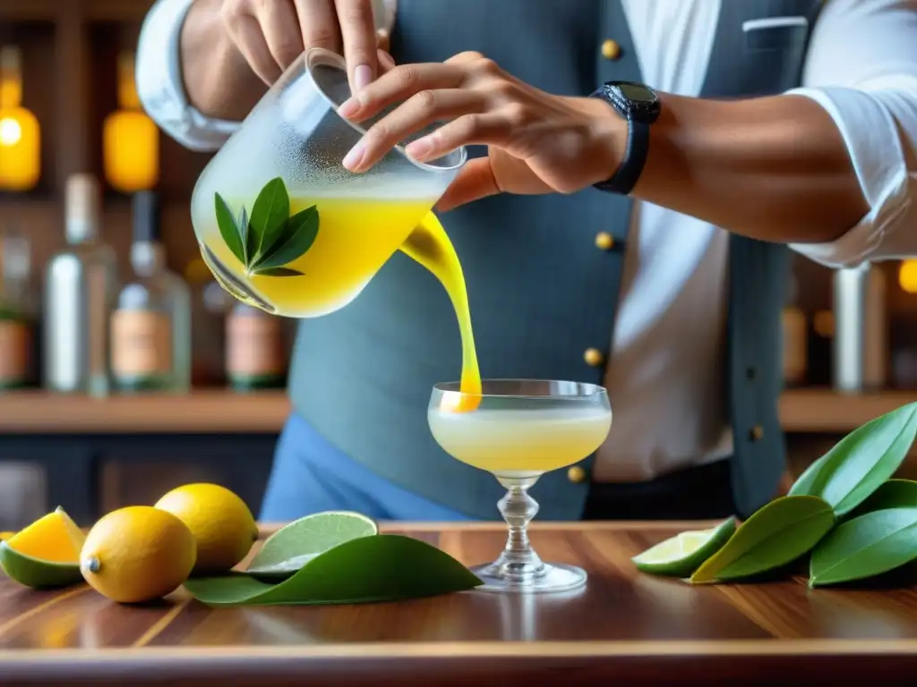 Un barman vierte Pisco amarillo en un vaso, rodeado de ingredientes coloridos en un elegante mostrador de madera