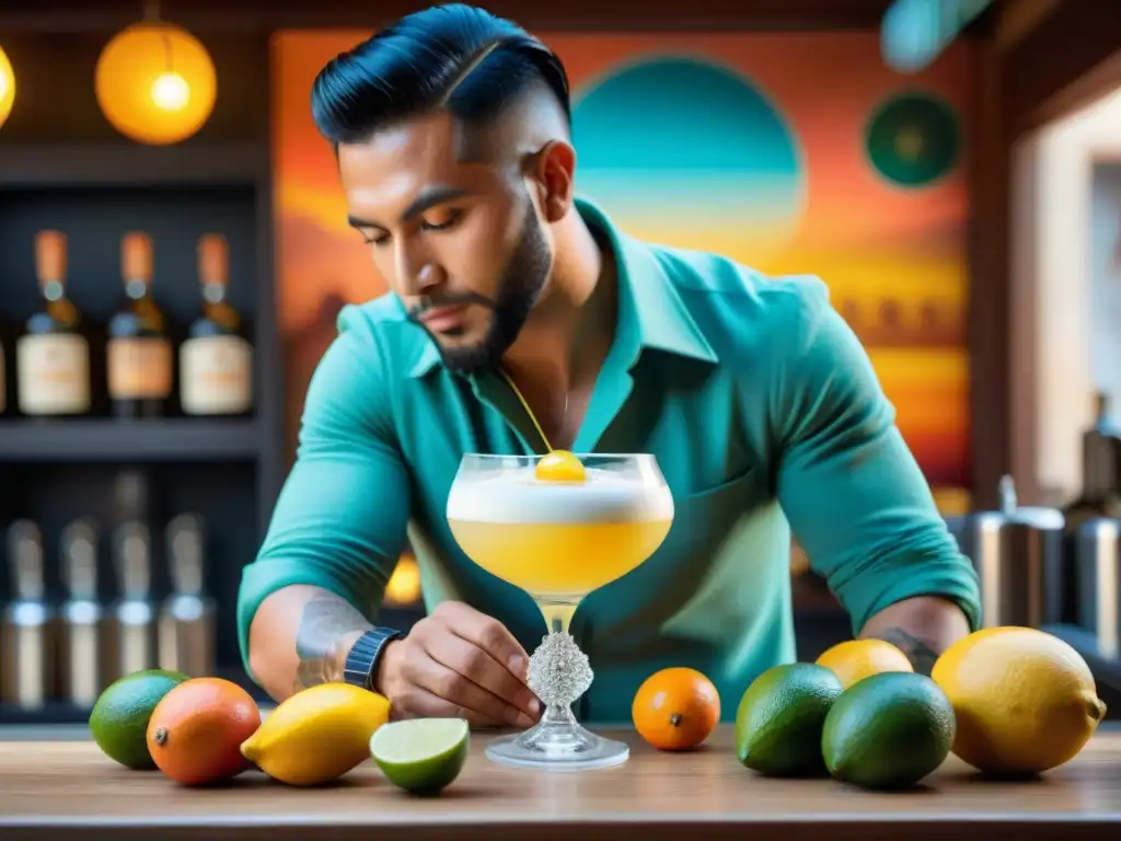 Un barman en Perú prepara un Pisco Sour con destreza y creatividad, rodeado de frutas frescas y cerámica tradicional