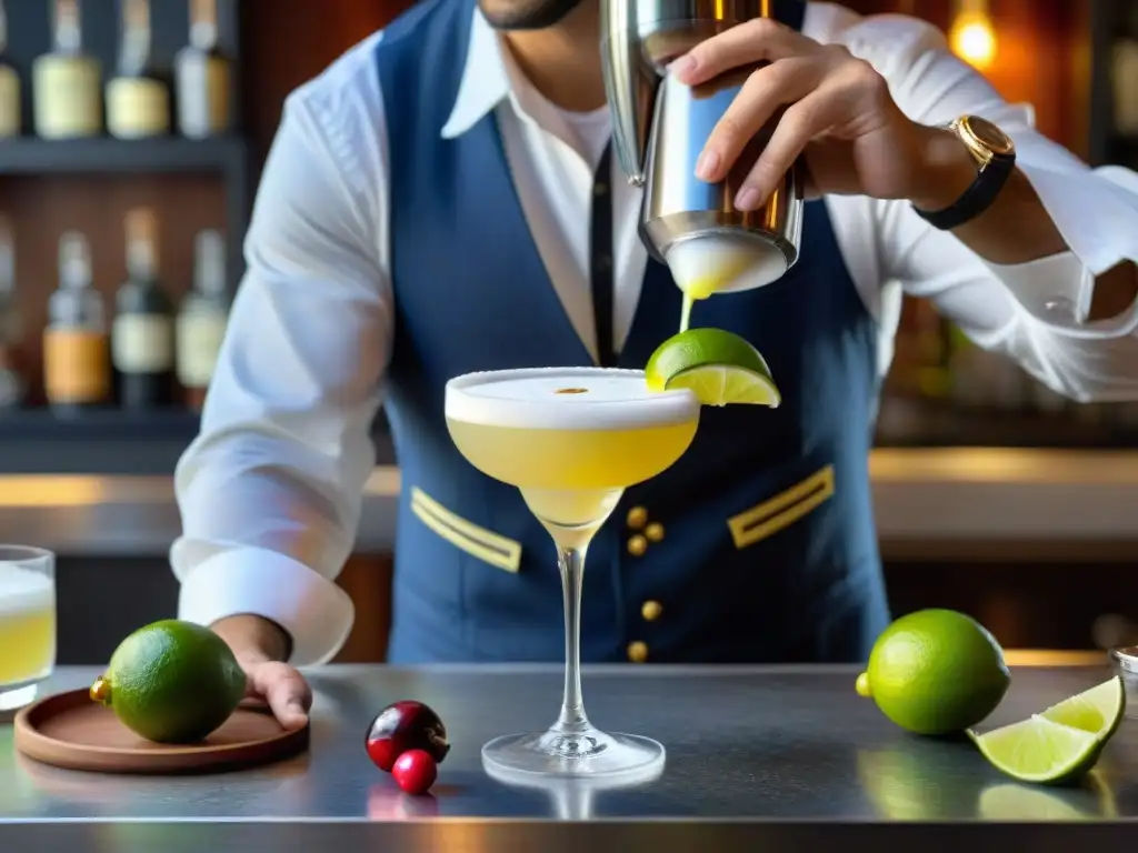 Un barman adorna con precisión un Pisco Sour con lima, cereza y azúcar