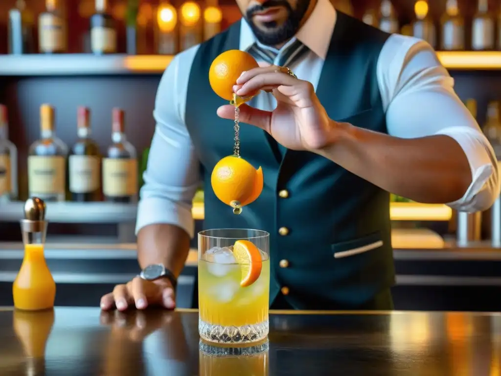 Un barman prepara con precisión un refrescante chilcano de pisco sin alcohol en un elegante bar