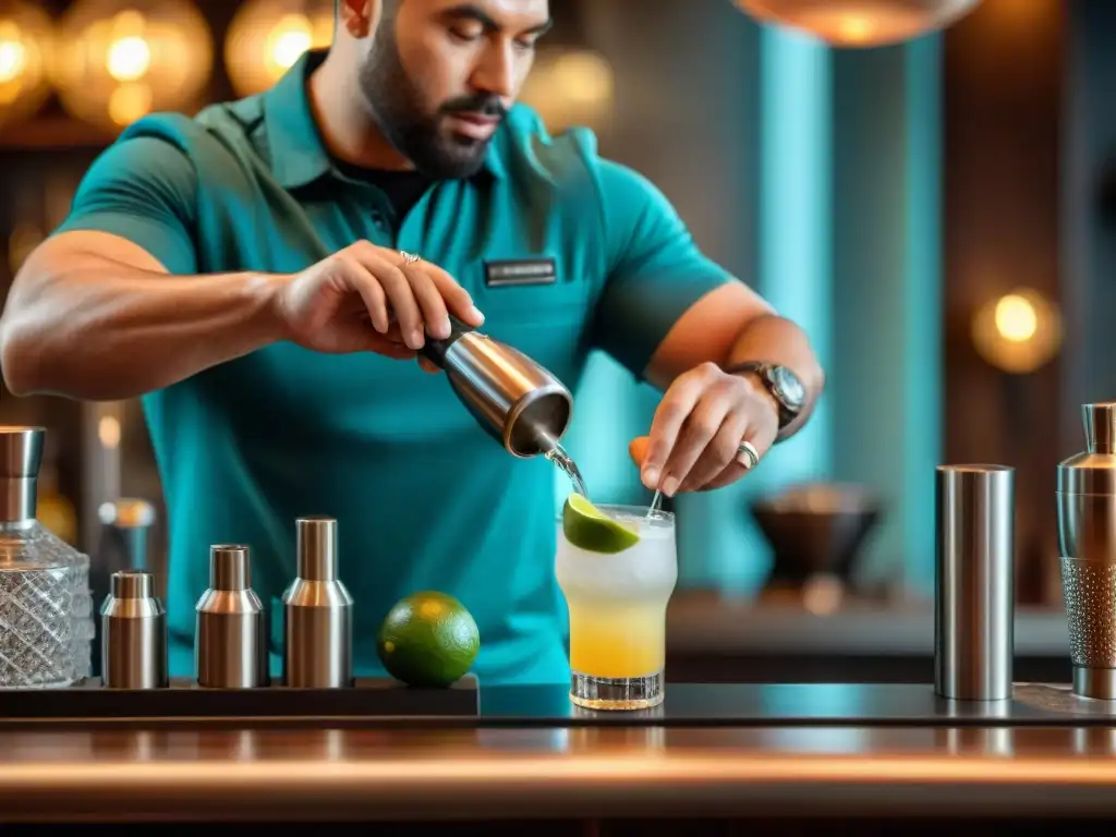 Un barman profesional vierte precisamente pisco en una coctelera, con equipos profesionales para mezclar piscos en un elegante mostrador