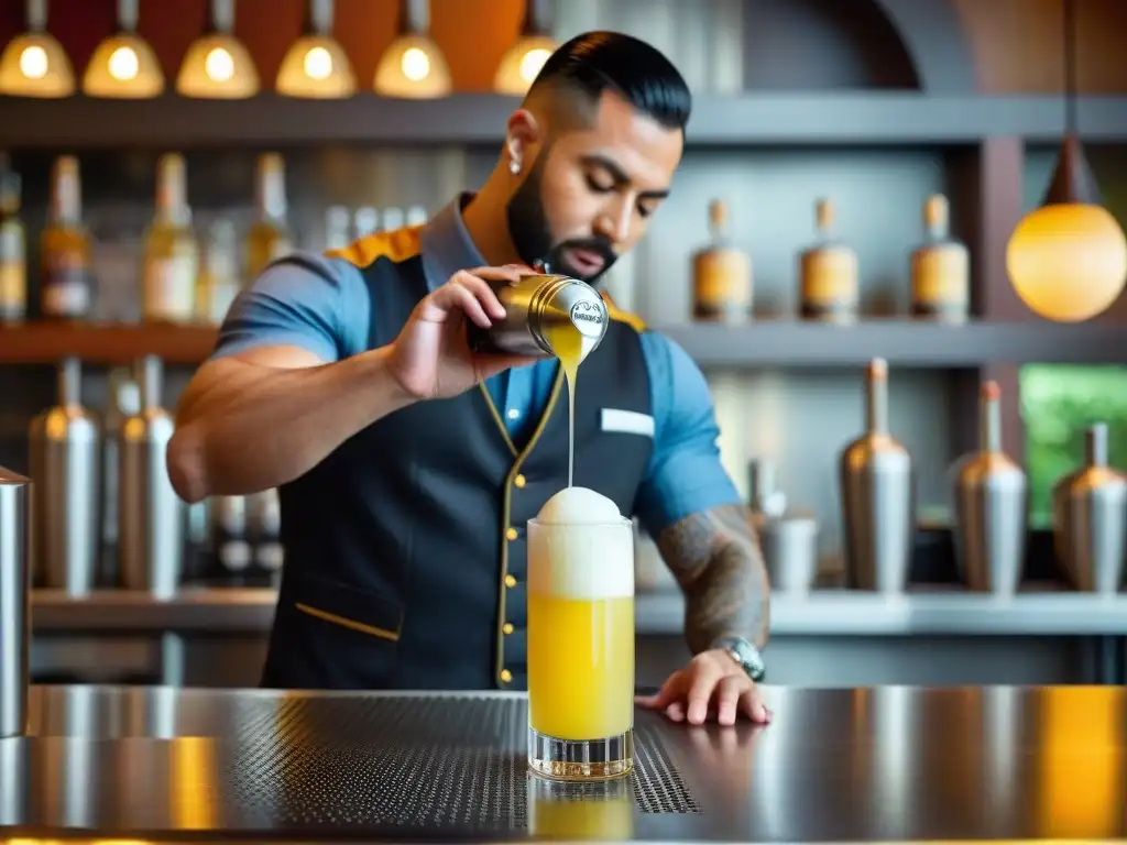 Un bartender vierte con destreza un vibrante pisco sour en un vaso helado, capturando la esencia de 'El secreto del pisco sour'