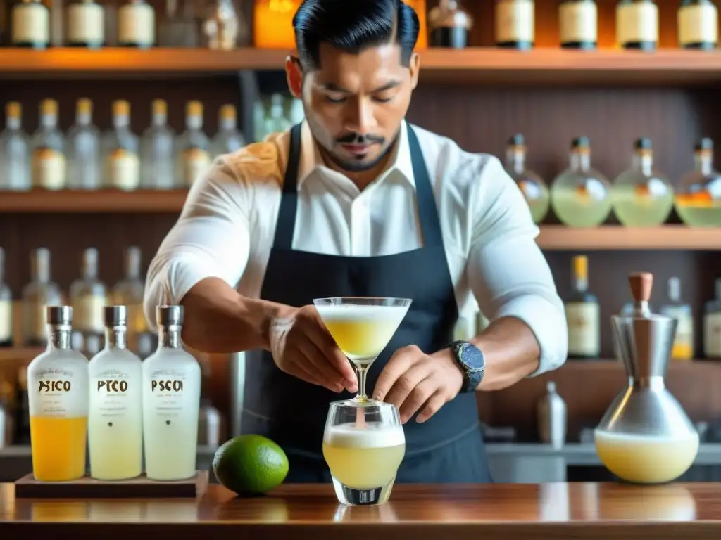 Un bartender peruano prepara un auténtico Pisco Sour con precisión en un elegante bar moderno