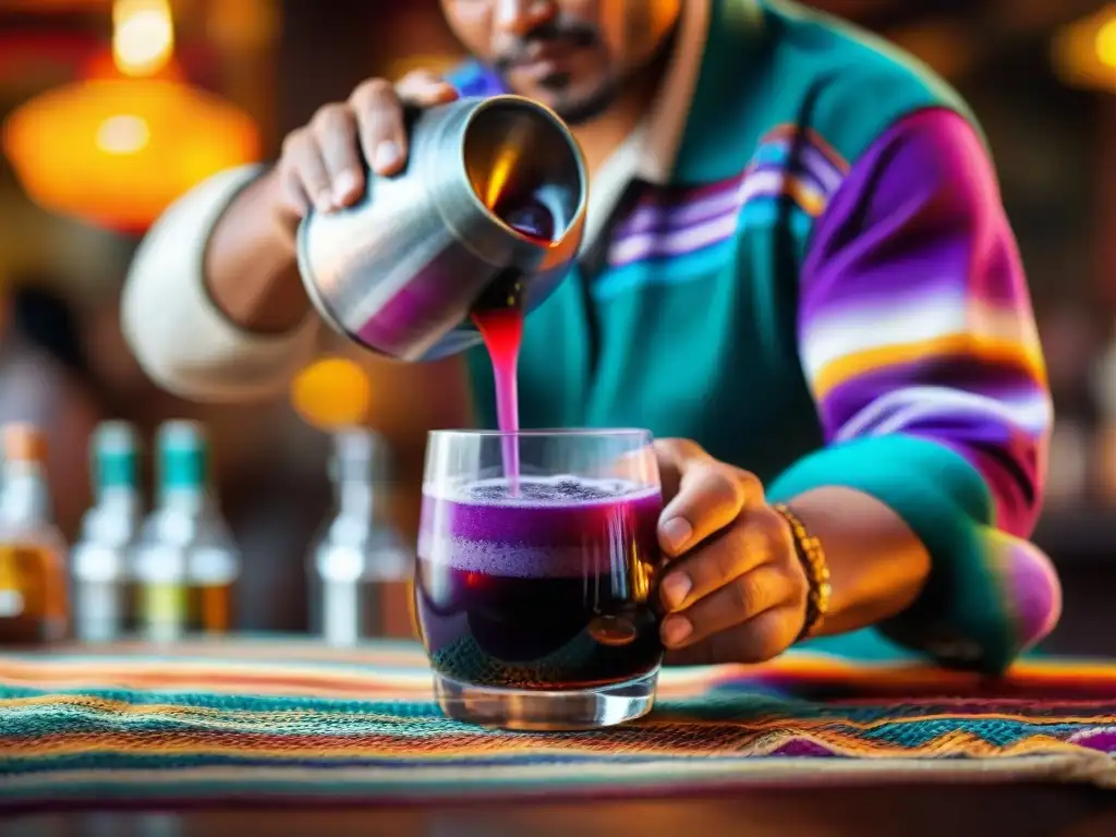 Un bartender peruano vierte chicha morada en vaso artesanal, rodeado de textiles y cerámica