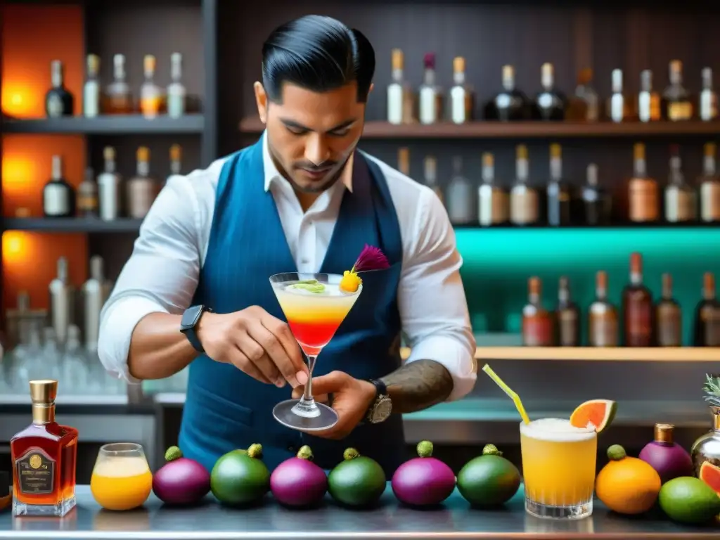 Un bartender peruano creando cocteles innovadores con ingredientes peruanos en un bar moderno