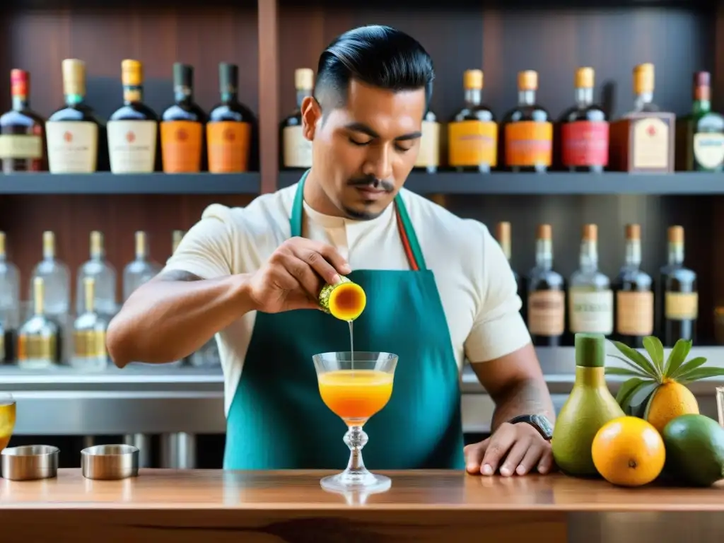 Un bartender peruano creando cocteles innovadores con ingredientes peruanos en un ambiente colorido y vibrante