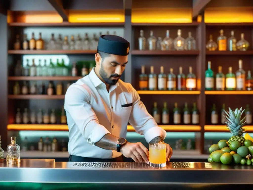 Un bartender peruano innova cocteles de pisco con precisión y arte en un elegante bar moderno