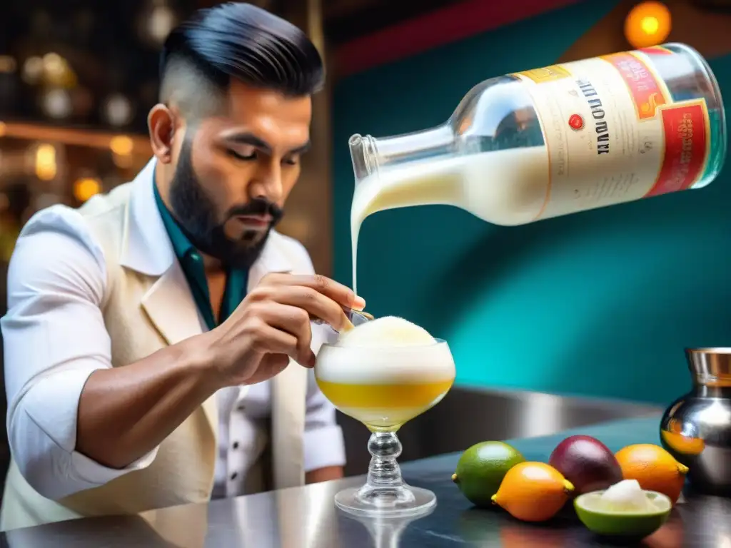 Un bartender peruano experto preparando un clásico Pisco Sour en un mercado vibrante de Perú