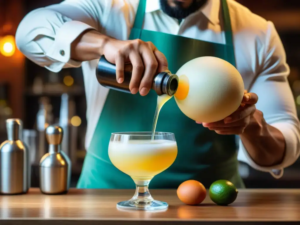 Un bartender peruano experto prepara una receta auténtica Pisco Sour Peruano con destreza, en un bar tradicional