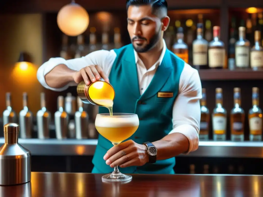 Un bartender peruano prepara Pisco Sour auténtico en un bar concurrido, mostrando destreza y tradición