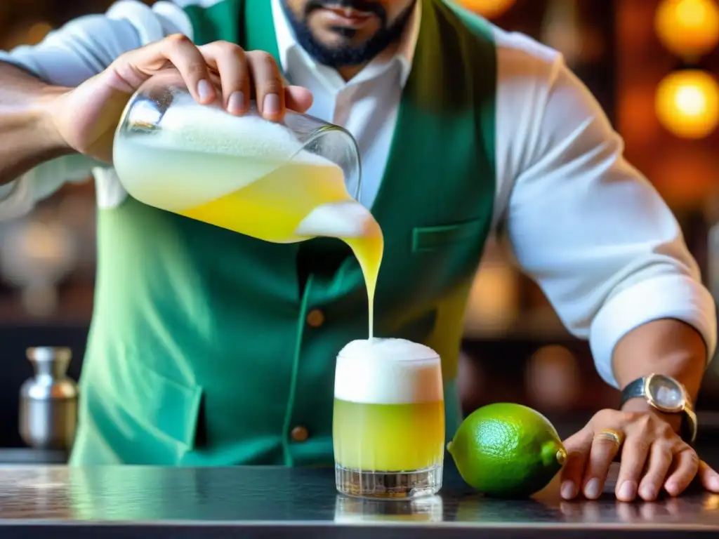 Un bartender peruano prepara un Pisco Sour con destreza, resaltando los colores vibrantes y la tradición