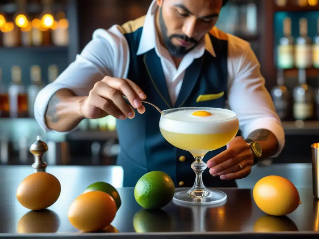 Un bartender peruano prepara un Pisco Sour con maestría en un elegante bar