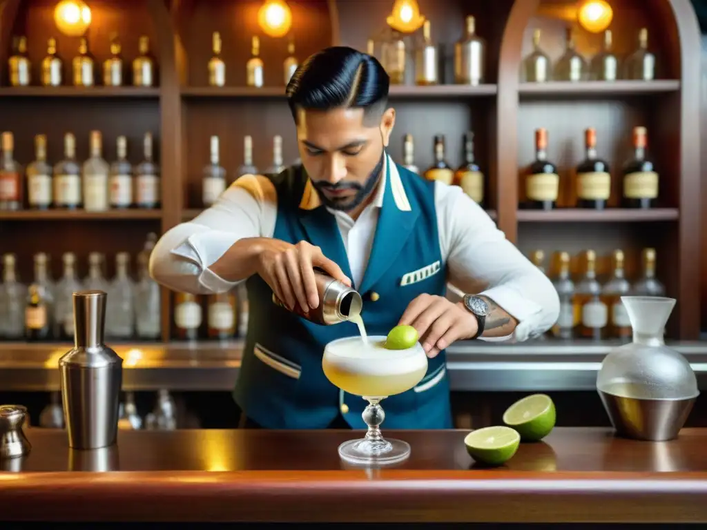 Un bartender peruano prepara con maestría un pisco sour en un bar histórico, capturando la esencia del icónico cóctel