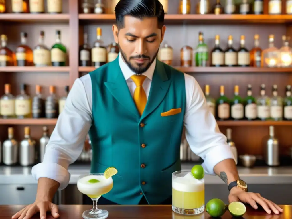 Un bartender peruano preparando un Pisco Sour, con ingredientes tradicionales y técnica impecable