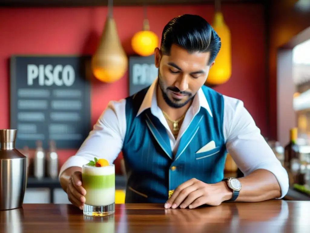 Un bartender peruano elaborando un Pisco Sour con frutas frescas en un bar de Lima, mostrando la presentación de bebidas peruanas creativas