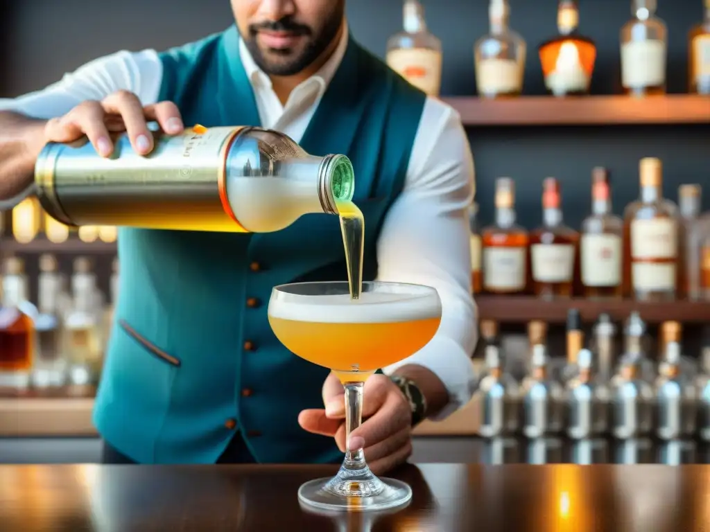 El bartender vierte pisco en coctelera con equipos profesionales para mezclar piscos