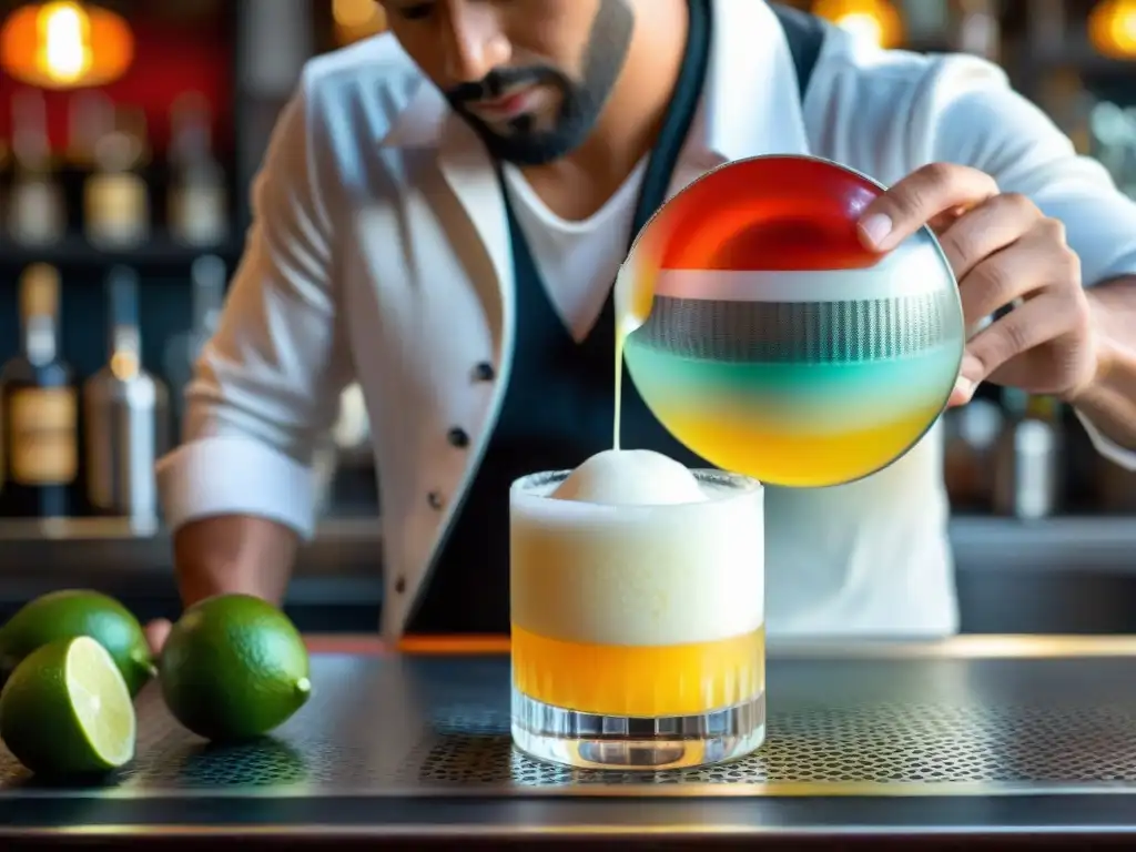 Un bartender crea un Pisco Sour en Lima, con la bandera peruana de fondo